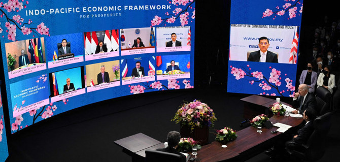 インド太平洋経済枠組み（IPEF）に加盟する各国首脳とのビデオ通話に参加するジョー・バイデン米大統領。（AFP）