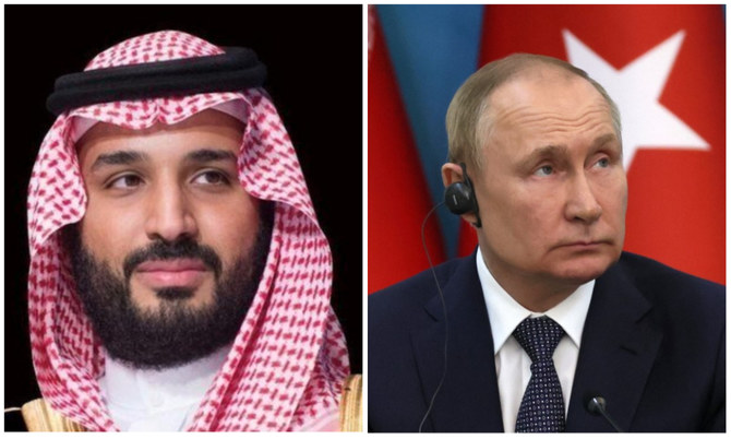 サウジアラビアのムハンマド・ビン・サルマン皇太子と、ロシアのウラジーミル・プーチン大統領。（国営サウジ通信/AFP通信）