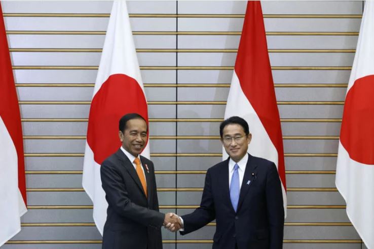 会談に臨むインドネシアのジョコ・ウィドド大統領と日本の岸田文雄首相。2022年7月27日、東京。（AP）