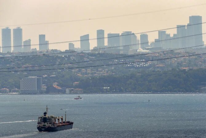 シエラレオネの旗が付いた貨物船「Razoni」は、ロシア、ウクライナ、トルコ、および国連の職員によって調査された後、トルコ、イスタンブールのボスポラス海峡を通過した（2022年8月3日、AP Photo）