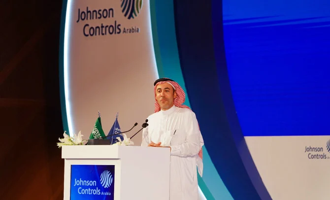 会議「持続可能な明日のためのイノベーション」で講演するジョンソン・コントロールズ・アラビアのモハナド・アル・シェイクCEO。リヤド。（提供写真）