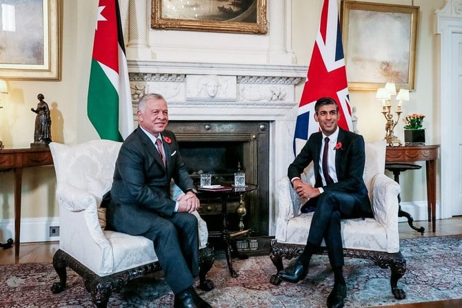 2022年11月11日金曜、ロンドンでイギリスのリシ・スナク首相と会談するヨルダンのアブドッラー国王（ペトラ）