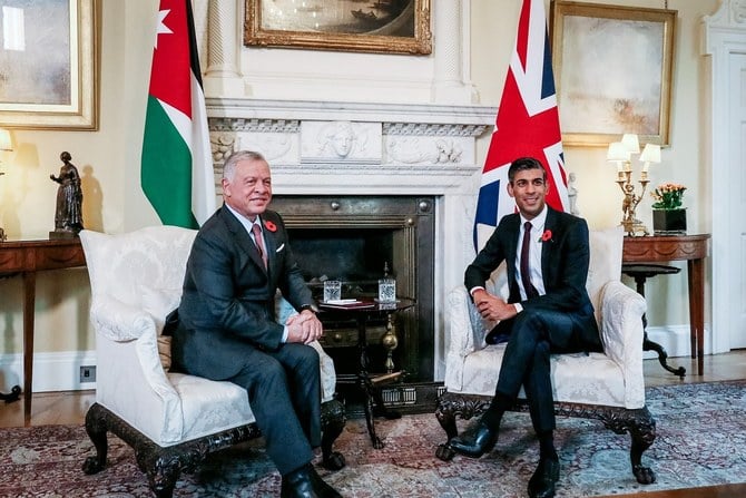 2022年11月11日金曜、ロンドンでイギリスのリシ・スナク首相と会談するヨルダンのアブドッラー国王(ペトラ)