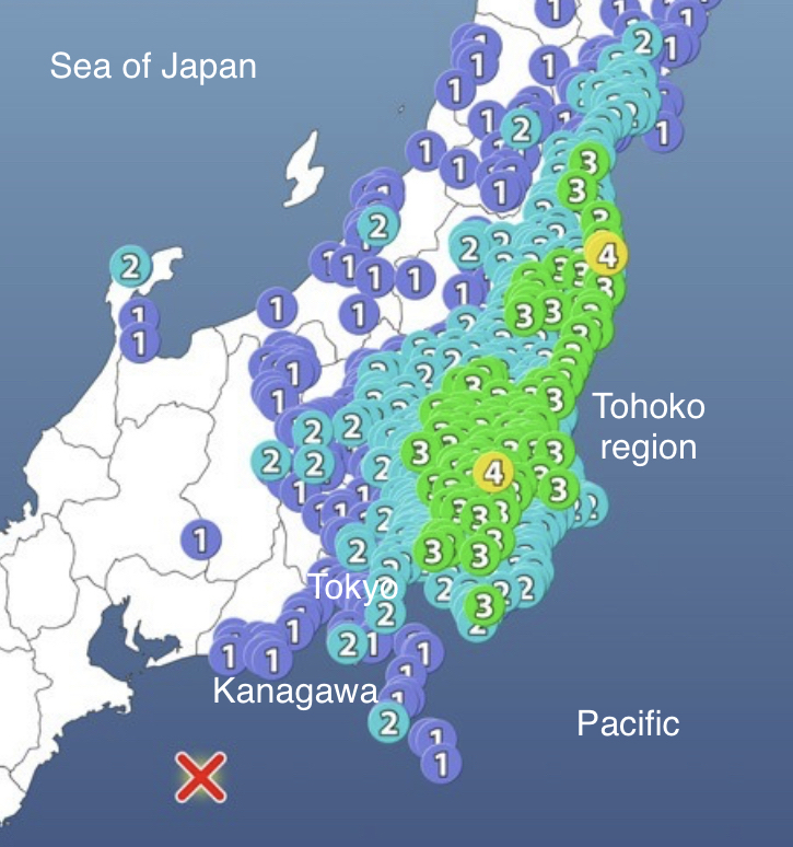 マグニチュード6.1を観測する中程度の地震が月曜日、東日本の広範囲であった。(JMA)