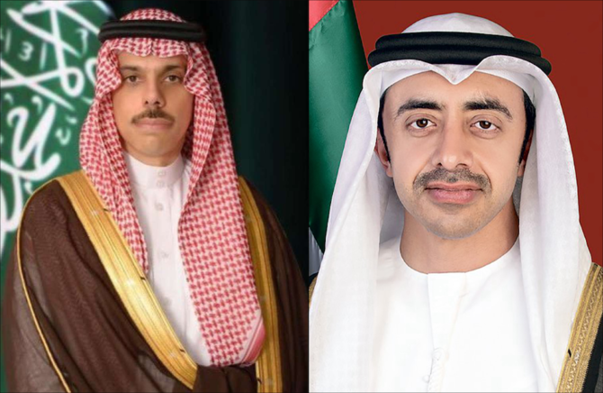 サウジアラビアのファイサル・ビン・ファルハーン王子外務大臣とUAEのシェイク・アブドゥラー・ビン・ザーイド外務大臣が電話会談を行った。(画像/SPA/WAM)