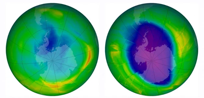 米航空宇宙局（NASA）のウェブサイト「アース・オブザバトリー」に掲載されたオゾン層に開いた穴（オゾンホール）の大きさと形状の比較画像。左は1979年、右は2009年の観測（2009年12月1日公開）。（AFP）