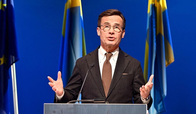 2023年1月13日、スウェーデンのキルナで記者会見するスウェーデンのウルフ・クリスターソン首相。（AFP通信）