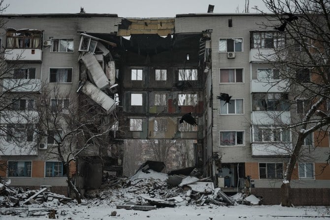バフムートで破壊された建物の外観。ウクライナ戦争は2月24日で、開始から1年を迎える（File/AFP）