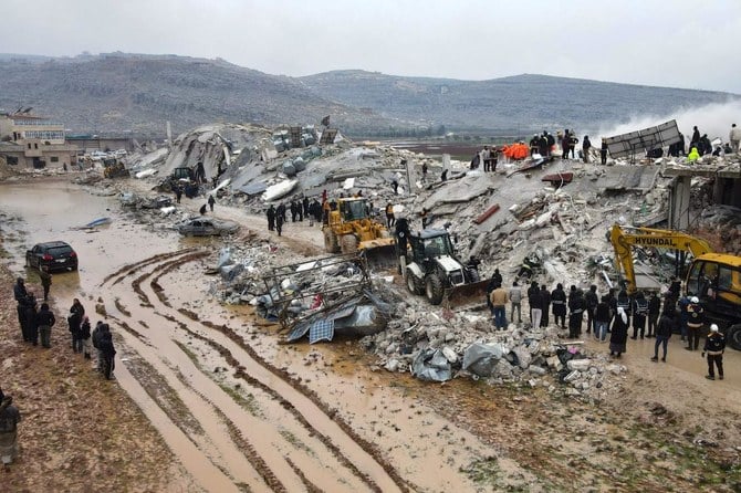 2023年2月6日未明、シリア北西部イドリブ県の地方にあるサルマダの町で発生した地震による犠牲者や生存者を、ブルドーザーに助けられながら、倒壊した建物の瓦礫の中から探す住民たちの姿をとらえた航空写真。（AFP）