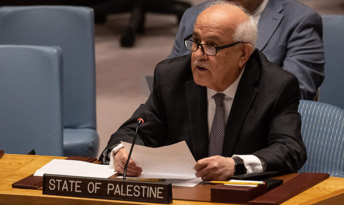ニューヨーク市の国連本部で、中東情勢に関する安全保障理事会の会合で発言するリヤド・H・マンスール国連常駐代表。2023年2月20日（AFP）