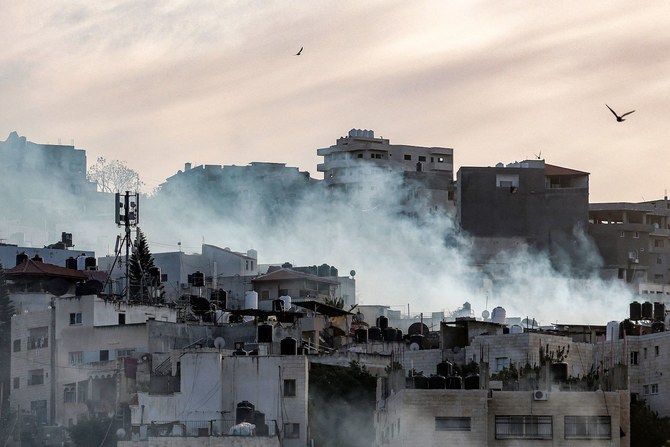 イスラエル軍による急襲で煙が立ち上る中、鳥が飛んでいる。2023年3月7日、ヨルダン川西岸地区のジェニン・パレスチナ難民キャンプ。（AFP）