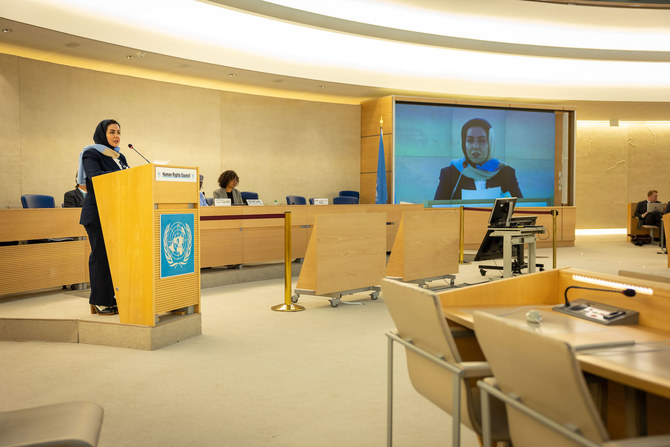 ジュネーブで開催された第52回国連人権理事会の高官会合で演説するサウジ人権委員会のハラ・アル・ツワイジリ委員長。（SPA）