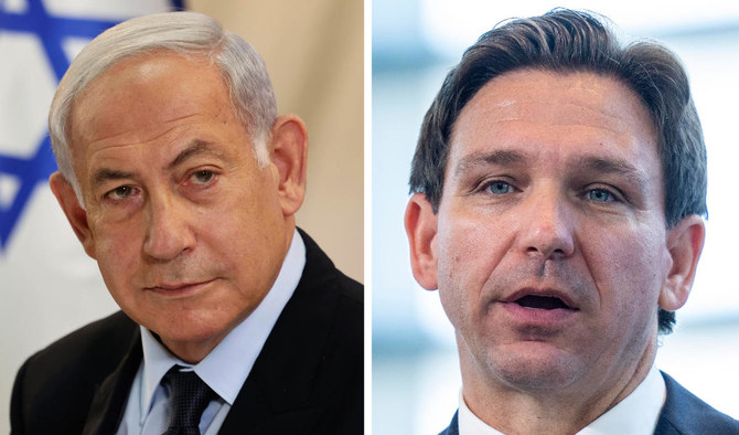 イスラエルのベンヤミン・ネタニヤフ首相(左)とフロリダ州のロン・デサンティス州知事。(AP)