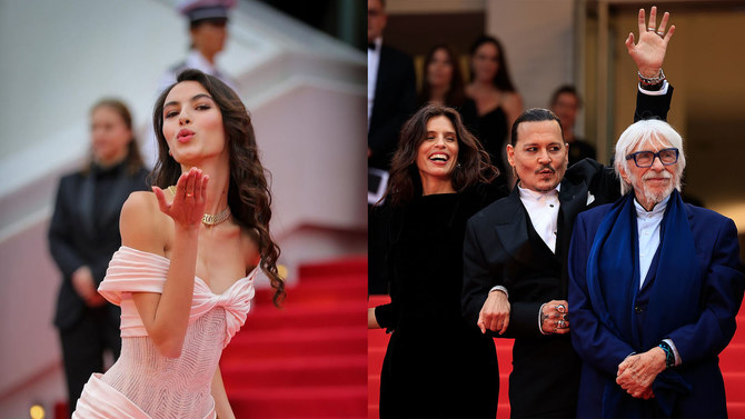 開会式と映画「ジャンヌ・デュ・バリー」の上映に到着し、ポーズをとるサウジアラビア人モデルのアミラ・アル・ズハイル、フランス人女優・監督のマイウェン、米俳優ジョニー・デップ、仏俳優ピエール・リシャール。（Instagram/AFP）