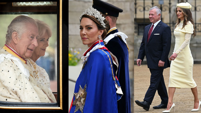 国王チャールズ3世とカミラ王妃（左端）、ウェールズ公妃キャサリン・ミドルトン妃（中央）。ヨルダンのラーニア王妃は、戴冠式で歴史と現代が混在する装いを披露した。（ゲッティ・イメージズ/合成）