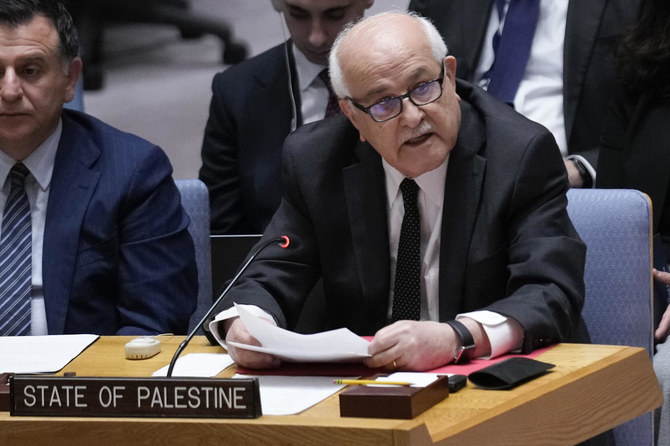 国連本部で開催された安全保障理事会の会合で演説する、パレスチナのリヤド・マンスール国連大使。（資料写真/AP）