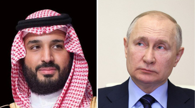 サウジアラビアのムハンマド・ビン・サルマン皇太子がロシアのウラジーミル・プーチン大統領からの電話を受ける。（ファイル/SPA/AFP）