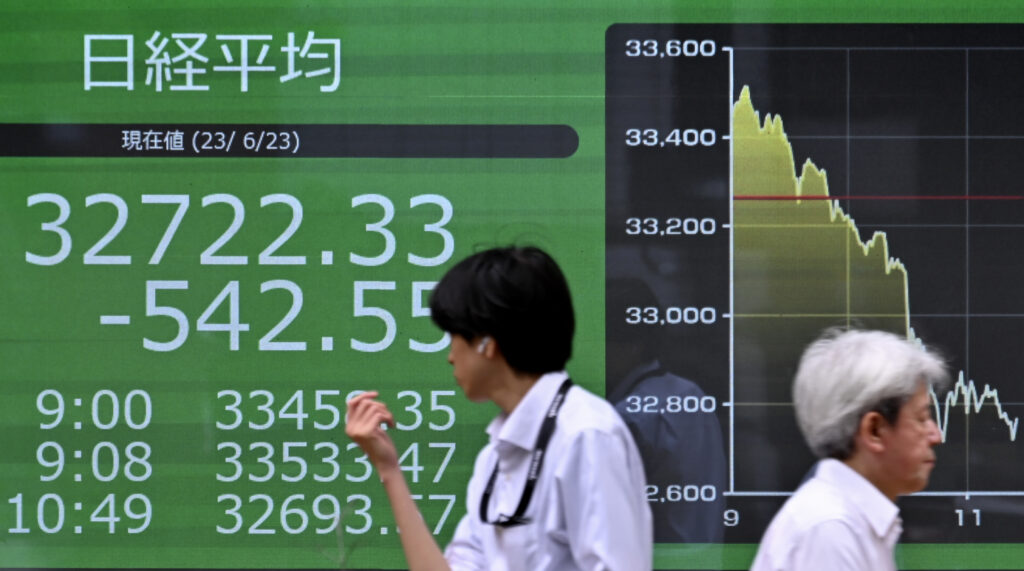 終値は日経平均が前営業日比102円63銭高の3万2493円89銭、東証株価指数(TOPIX)が13.18ポイント高の2252.28と、ともに反発した。(AFP).