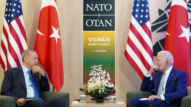 米国のジョー・バイデン大統領が2023年7月11日リトアニアのビリニュスで開かれたNATOのサミットでトルコのタイイップ・エルドアン大統領と会談。（ロイター）