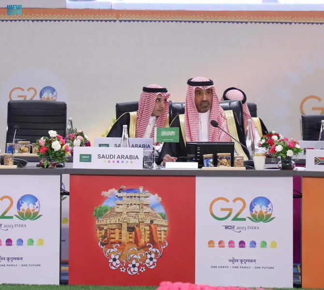 G20労働雇用大臣会合で発言するサウジアラビアのアフマド・アル・ラジ人材・社会開発相。2023年7月21日、インドのインドール。(SPA)