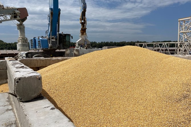 オデーサ州イズマイル港の桟橋で、山積みにされたトウモロコシ穀粒。2023年7月22日（資料写真/AFP）