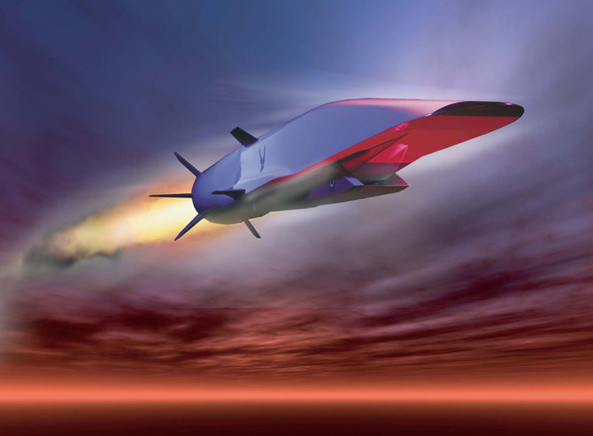 プラット・アンド・ホイットニー・ロケットダイン社のSJY61スクラムジェットエンジンを搭載し、極超音速飛行を行うX-51Aウェーブライダーのイメージ（日付不明）。(AFP）