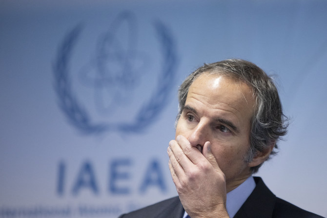 オーストリアのウィーンにある国際原子力機関（IAEA）本部で話すラファエル・グロッシIAEA事務局長。（File/AFP）