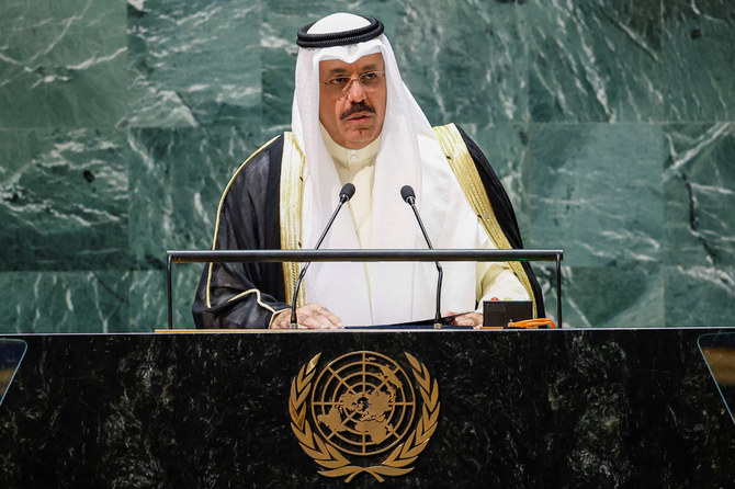 9月21日、ニューヨークで開催中の第78回国連総会で演説するクウェートのシェイク・アフマド・ナワーフ・アル・サバーハ首相（ロイター通信）
