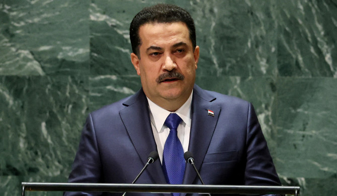 2023年9月22日、米・ニューヨークにて、第78回国連総会で演説するイラクのムハンマド・シア ・アル・スダニ首相。（ロイター）