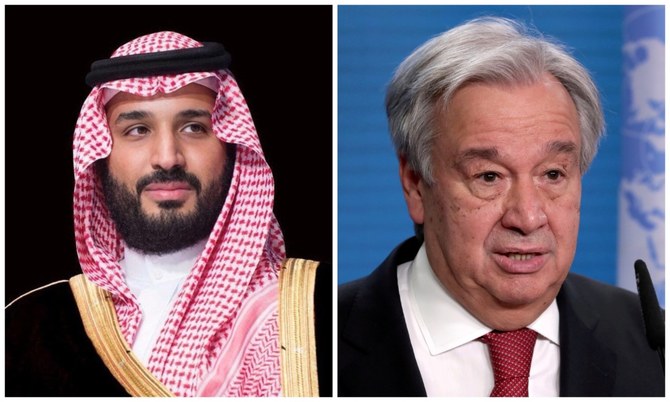 ムハンマド・ビン・サルマン皇太子殿下が19日、国連のアントニオ・グテーレス事務総長から電話を受け、会談を行った。(写真:SPA、ロイター通信)