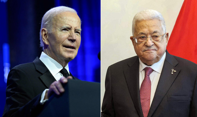 ジョー・バイデン米大統領(左)とパレスチナ自治政府のマフムード・アッバース大統領は14日、先週のハマスによるイスラエルへの攻撃以来初の会談を行った。(AFP/写真)