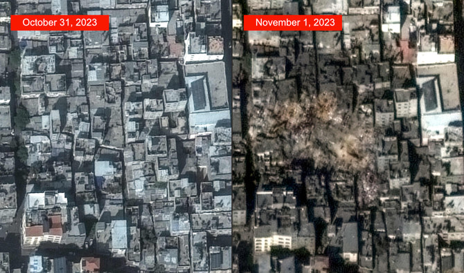 イスラエル軍の空爆を受けたジャバリア難民キャンプの全景と破壊の様子。(AFP＝時事）
