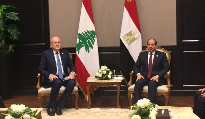 レバノンのミカティ首相とエジプトのエルシーシ大統領。（NNA）