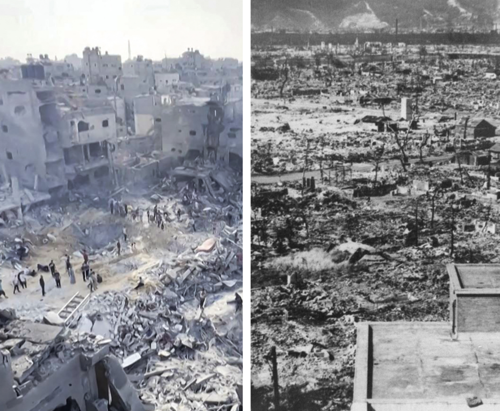 壊滅的な被害を受けたガザ地区（左）と広島（右）。(ファイル/AFP）