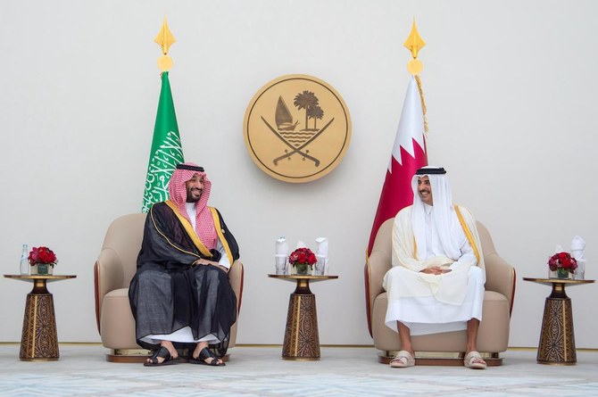 サウジアラビアのムハンマド・ビン・サルマン・ビン・アブドル アジーズ・アール・サウード皇太子殿下とカタール首長のシェイク・タミーム・ビン・ハマド・アール・サーニ殿下。(X: @spagov)