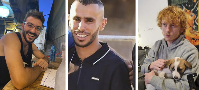 ガザ国境付近のイスラエル人コミュニティーから拉致された3人の人質（左から、アロン・シャムリズ、サメール・アル・タラルカ、ヨタム・ハイム）。イスラエル軍は2023年12月15日金曜日、軍がハマス過激派と激しい戦闘を繰り広げているガザ市シジャイヤ地区で、人質3人を誤って射殺した。(AP)