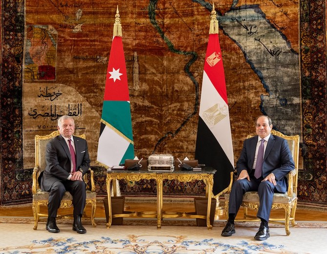 カイロで会談するヨルダンのアブドッラー2世国王陛下とエジプトのエルシーシ大統領。(X:@RHCJO)