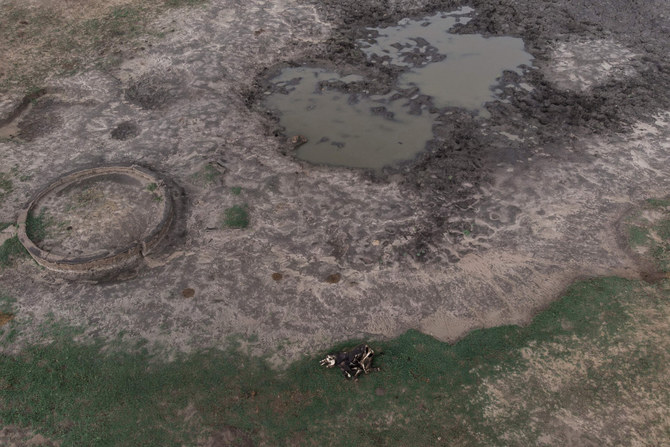 ジンバブエ北部ワンゲのワンゲ国立公園内にある枯渇した水飲み場で、干ばつにより死亡した幼いゾウの死体。2023年12月16日、空から撮影。（AFP通信）