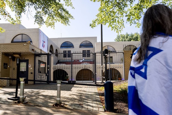 ワシントンDCのイスラエル大使館前でイスラエル国旗を掲げるイスラエル支持者。(ファイル/AFP)
