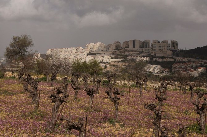 ヨルダン川西岸地区、ベツレヘムの南、パレスチナの町アルカダーの近くにあるイスラエルの入植地エフラット（2024年3月6日撮影）。(AFP＝時事）