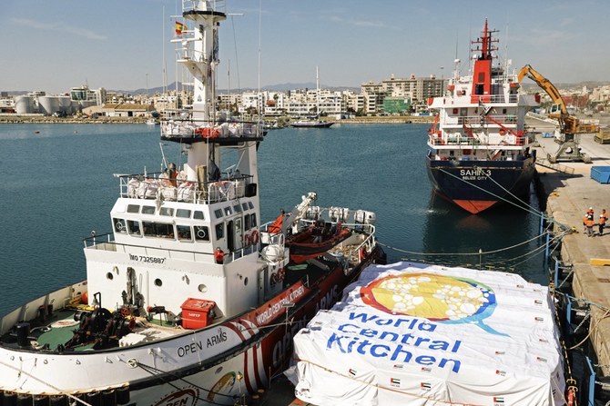 キプロスのラルナカ港で人道的食糧援助を運ぶオープンアームズの船。(AFP)