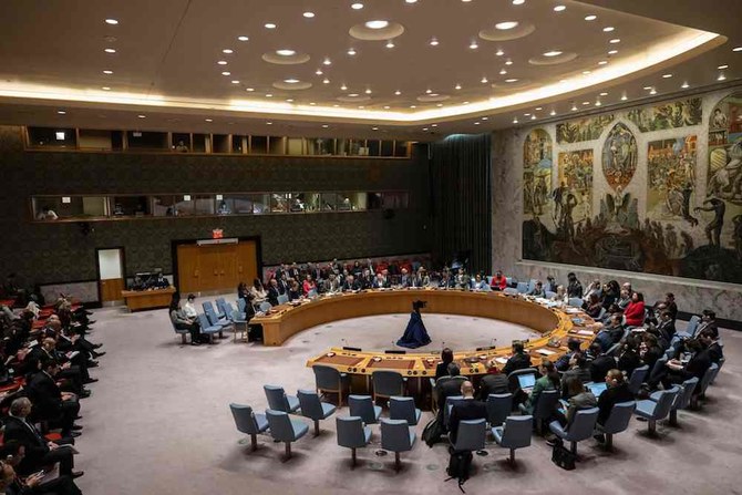 2024年3月22日、ニューヨークの国連本部で、ガザ停戦と人質取引の投票動議を審議する国連安全保障理事会。(AFP＝時事）