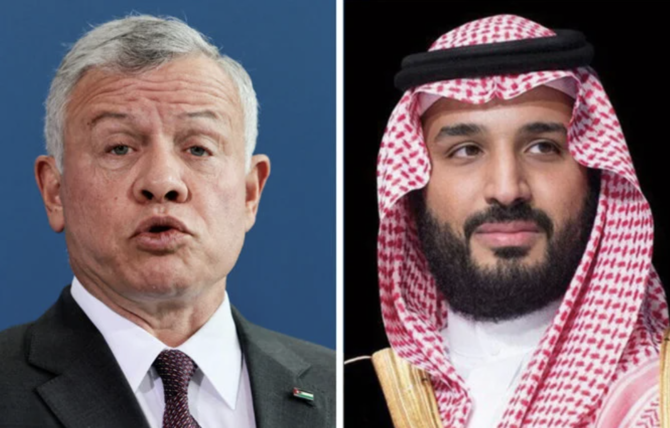 サウジアラビアのムハンマド・ビン・サルマン皇太子とヨルダンのアブドゥラー2世は木曜日、電話で中東とガザの動向について話し合った。(AFP/SPA/File Photos)。