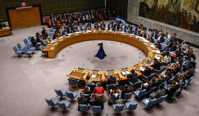 ニューヨークの国連本部で開催された、武力紛争における民間人保護に関する国連安全保障理事会の全体像。(AFP＝時事通信）