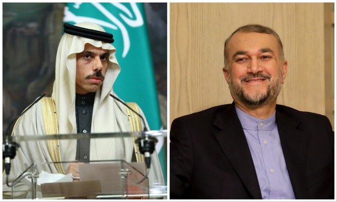 サウジアラビアのファイサル・ビン・ファルハーン王子とイランのホセイン・アミール・アブドラヒアン外相。(ファイル/AFP)