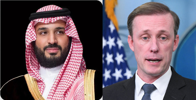 サウジのムハンマド・ビン・サルマン皇太子（左）とホワイトハウスのジェイク・サリバン国家安全保障補佐官。(SPA/AFP)