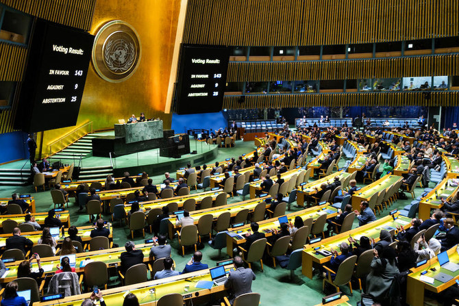 上:2024年5月10日、国連総会の特別会合で、国連安全保障理事会がパレスチナの国連への正式加盟を再考・支持する決議案の採決結果。(AFP=時事)