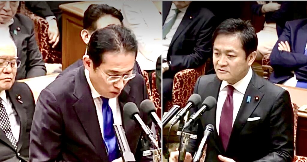 国民民主党の玉木雄一郎代表(右)が岸田文雄プロメ大臣に衆議院で質問。(国会TV)