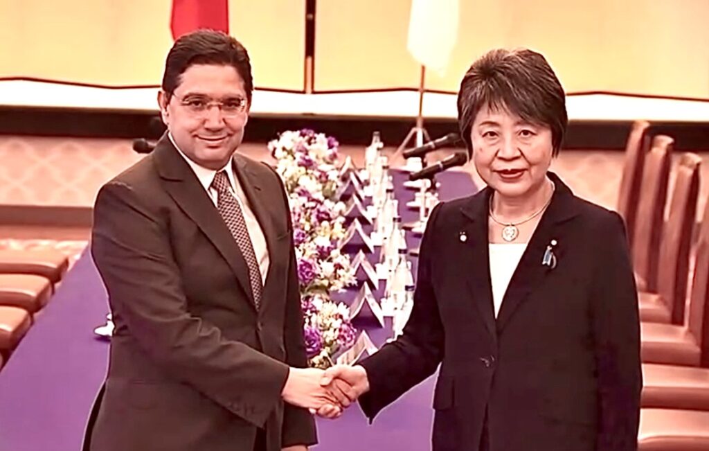 上川陽子外務大臣とナーセル・ブーリタ・モロッコ外務・アフリカ協力・駐在員大臣との会談の様子。(ANJ)
