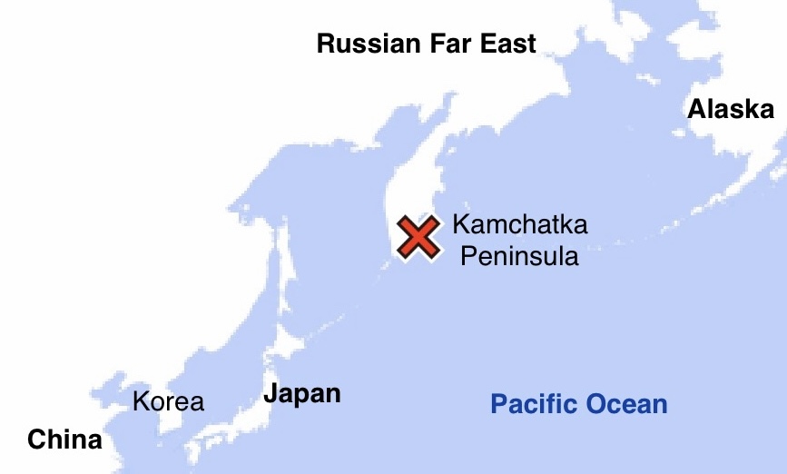  震源地は半島の首都ペトロパブロフスク・カムチャツキーの東102キロ、深さ29キロである。(ANJ/JMA)